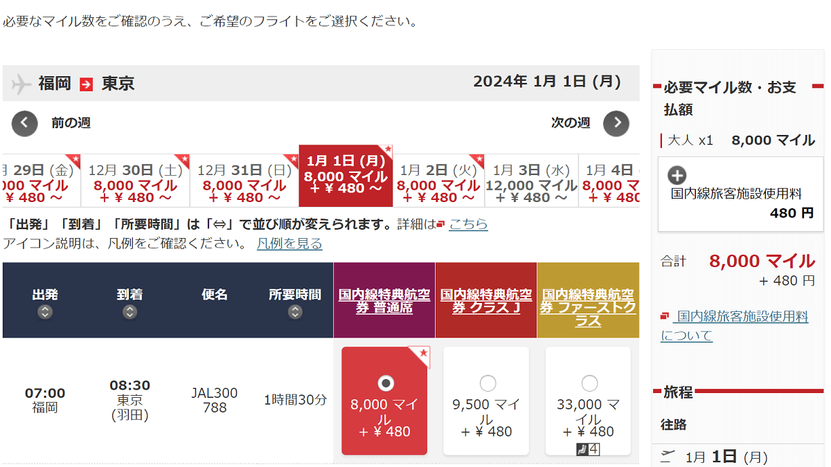 マイレージ JAL国内線特典航空券